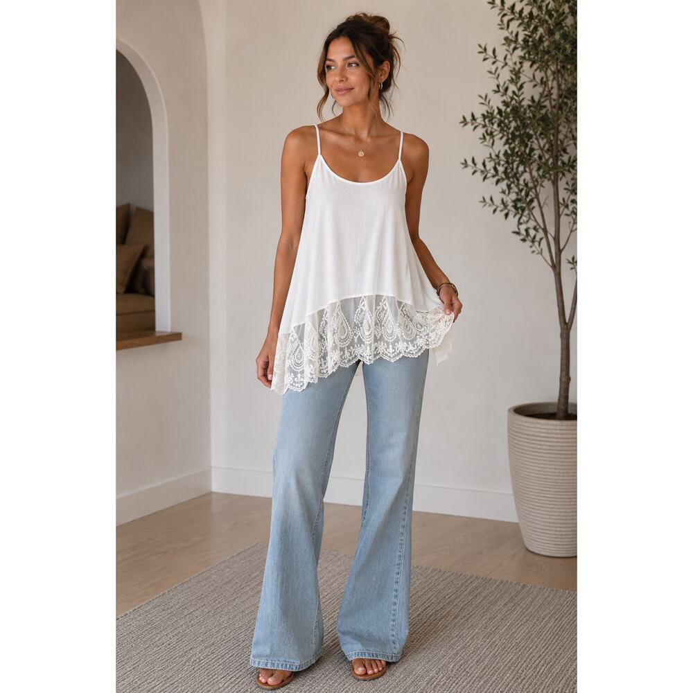 NEW Grace & Lace Ivory Bohemian-Style Ruffle Lace Trim Camisole Tank Top Small